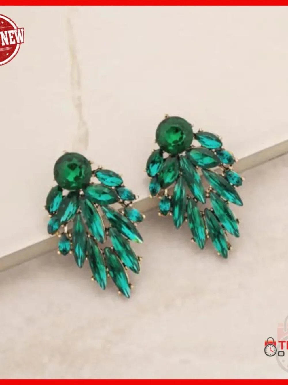 18k Gold Plated Stud Earrings with Emerald Green Crystals, 1.7 Inches